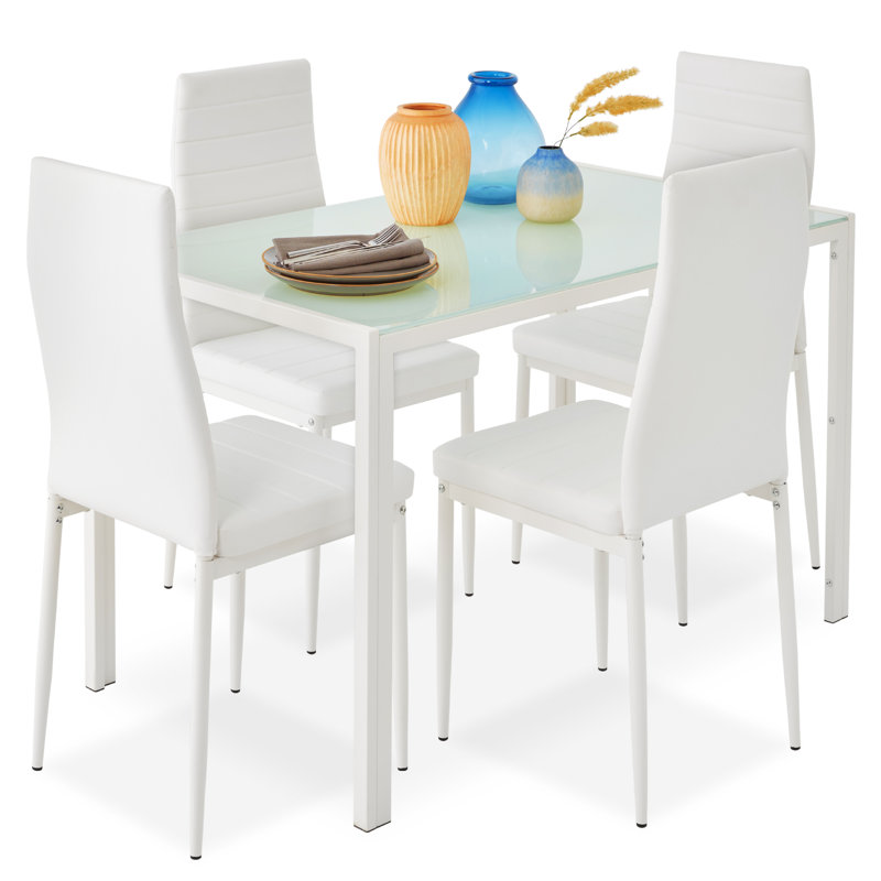 Hekimhan 5-Piece Kitchen Dining Table Set w/ Glass Tabletop, 4 Faux Leather Chairs, White, Gray