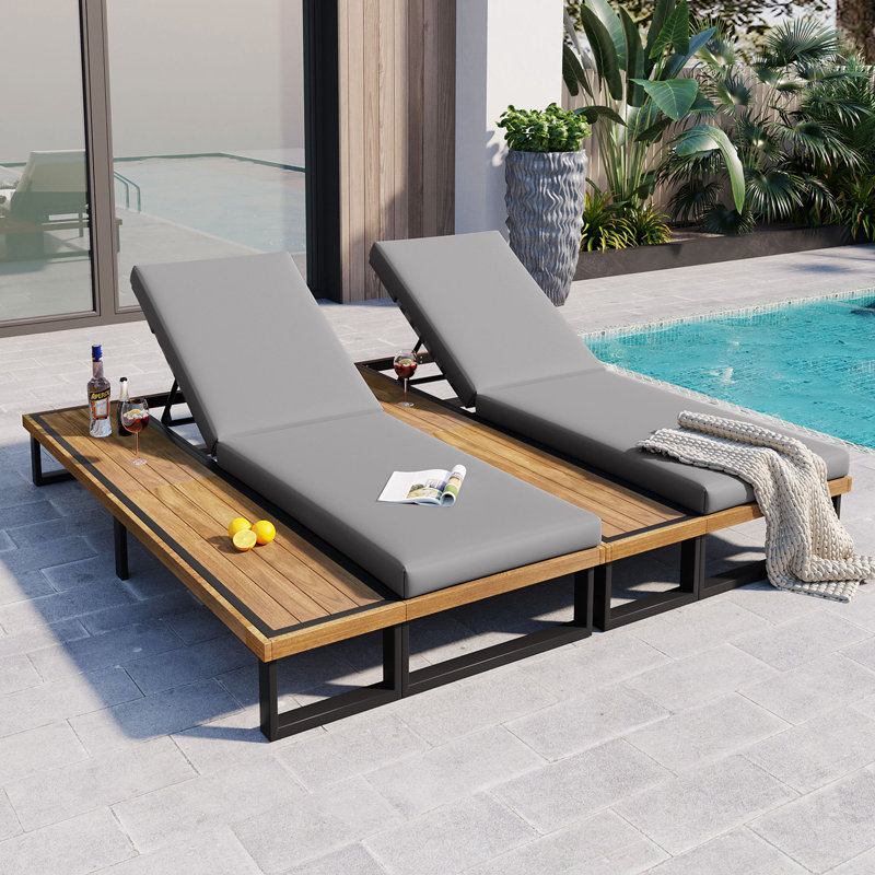 Double Chaise Lounge Chair with Adjustable Backrest and Wood Side Table, Gray