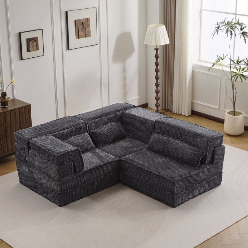 Compression Mahjong Sofa,Convertible Floor Sofa Bed,Diy Boneless Modular Sectional Sofa,No Assembly Required,Circle Fleece Fabric,Oversized 3 Seater With 3 Pillows,Dark-Grey