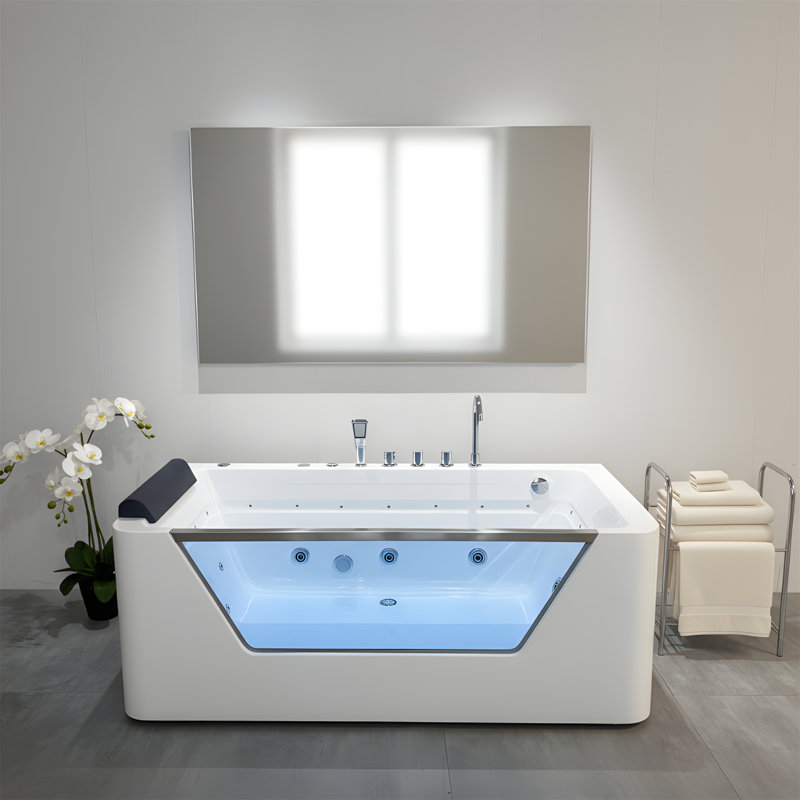Baignoire tourbillon 67 po, avec 7 jets et hydrothérapie, panneau en verre et tablier à 3 côtés, 89 gal, blanc