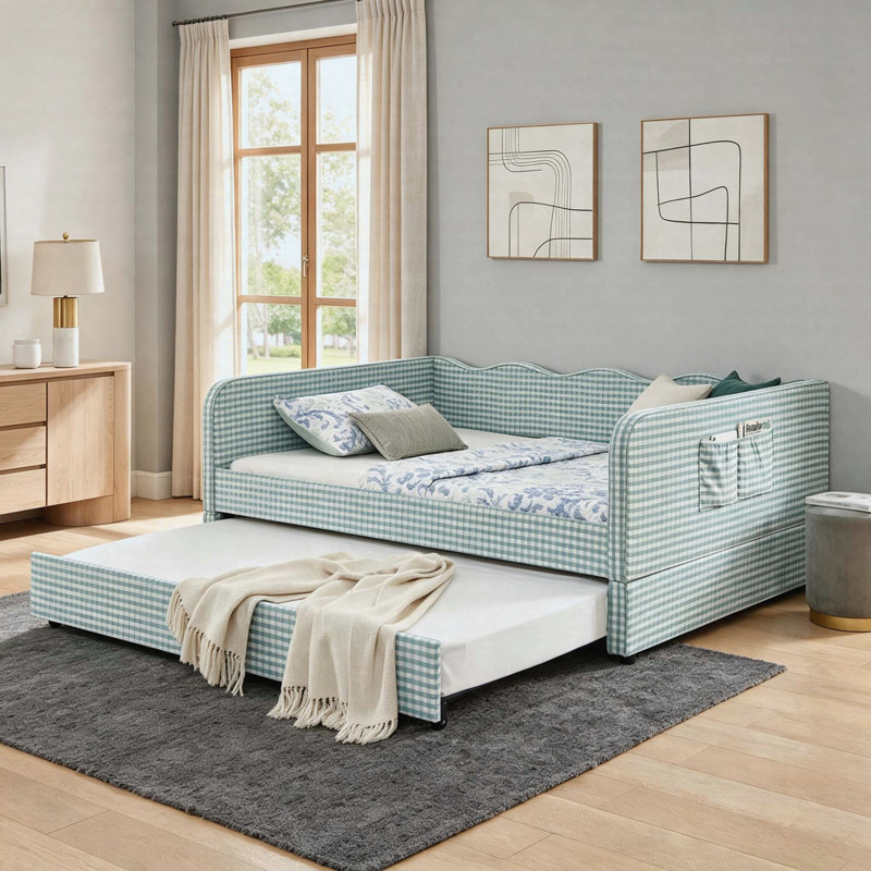 Lit de jour double en tissu d'ameublement avec couchette Gingham, Cyan, Double