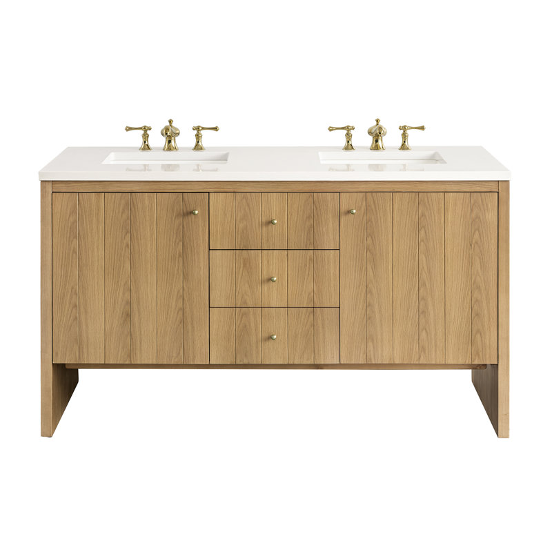 Meuble-lavabo double 60 po Hudson, Blanc Zeus, 8 po, Chêne clair naturel