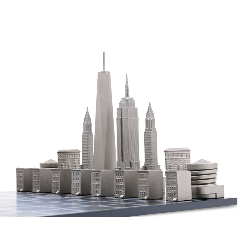 Acrylic New York Chess Set with Wood Map Board, Silver/Black