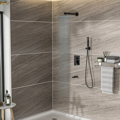 Ensemble de douche en bronze huilé avec bec de baignoire en cascade - Pommeau de douche carrée de 25 cm et douchette à main - Robinetterie équilibrée - Installation facile et garantie de propreté - Désinfection facile