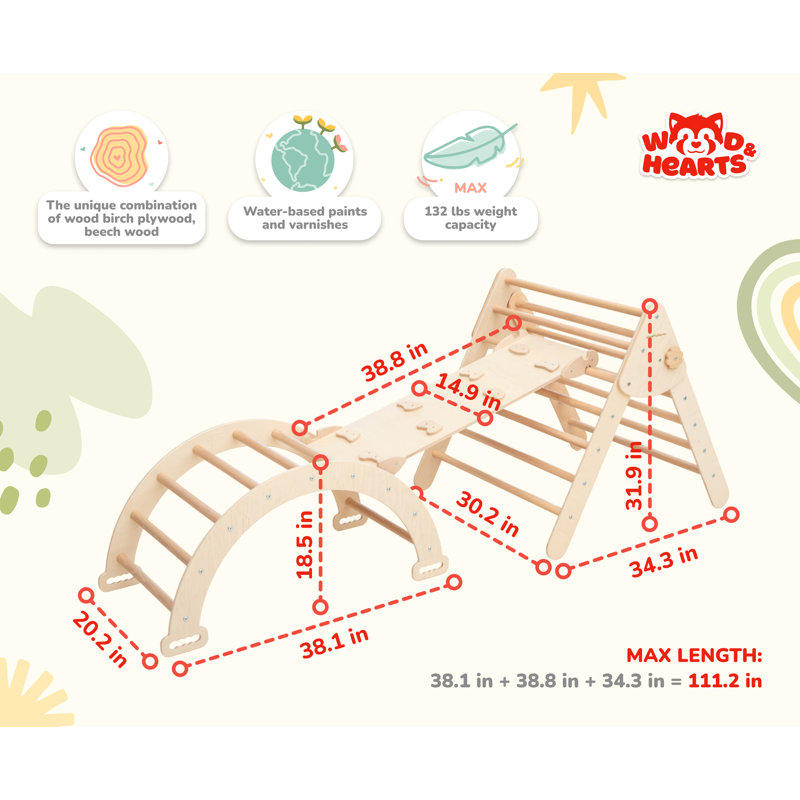 Natural Wood Montessori Climbing Set with Slide and Arch