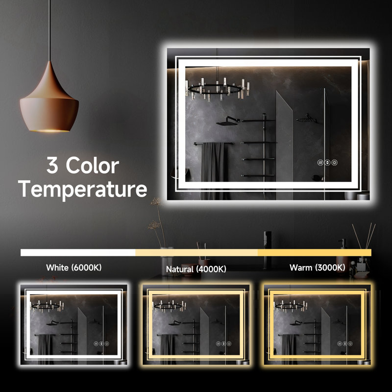 Miroir de salle de bain intelligent sans cadre à DEL, 32" H x 84" W, Rectangle