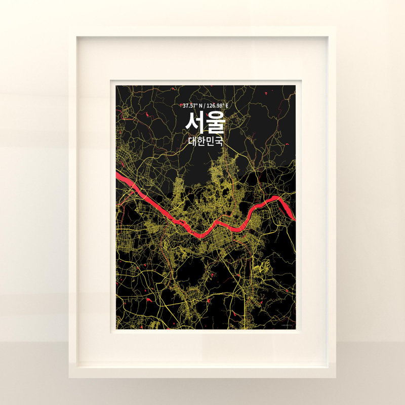 Séoul (coréen) - impression sur toile tendue, Noir / rouge / jaune