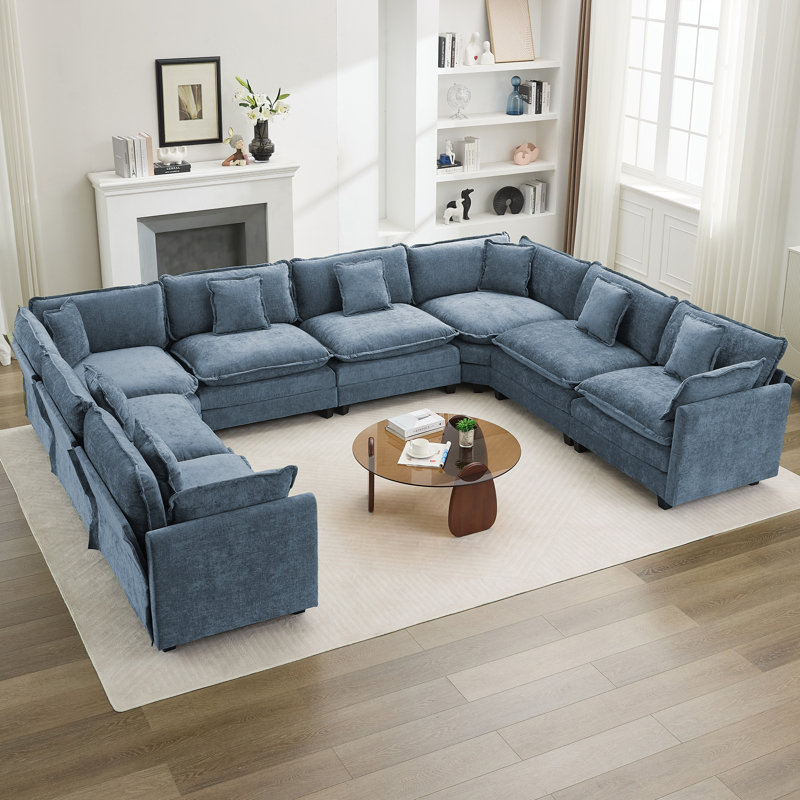 Canapé modulaire en chenille, Forme en U surdimensionnée, Bleu
