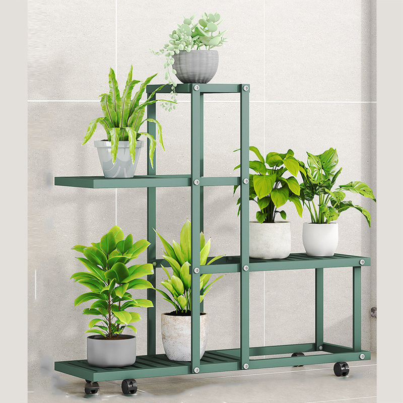 Flower Display Stand, Wrought Iron Corner Multiple Planter Rack Organizer With Wheels For Room Corner Balcony, Green