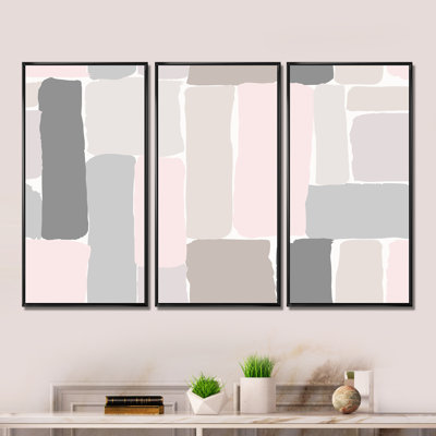 " Pink And Grey Pastel Rectangles II " 3 - Pieces