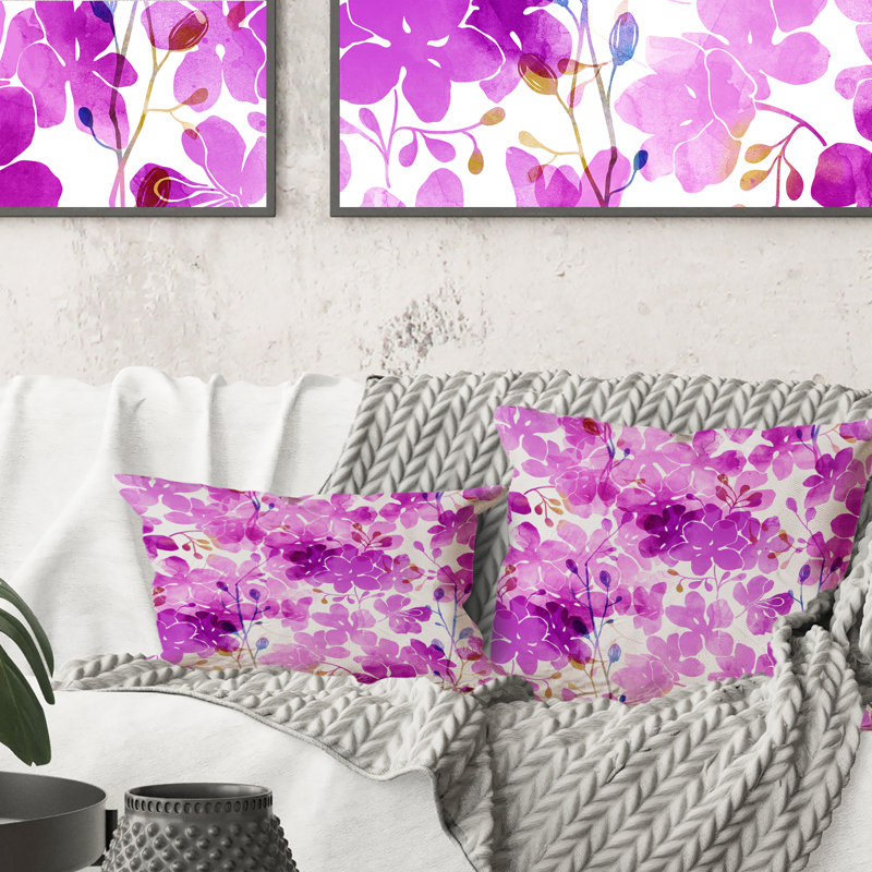 Coussin décoratif à motif lilas et branches Fuchia, 18 po x 18 po