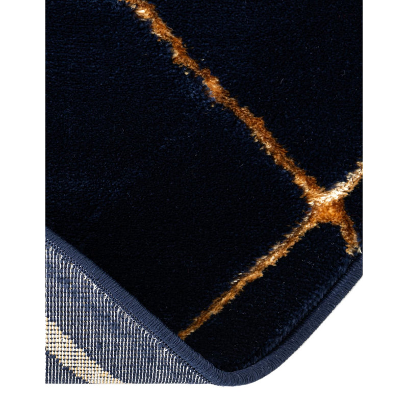Latitude Run® Checks Nikica Rug Navy Blue and Gold, Round 7'10"