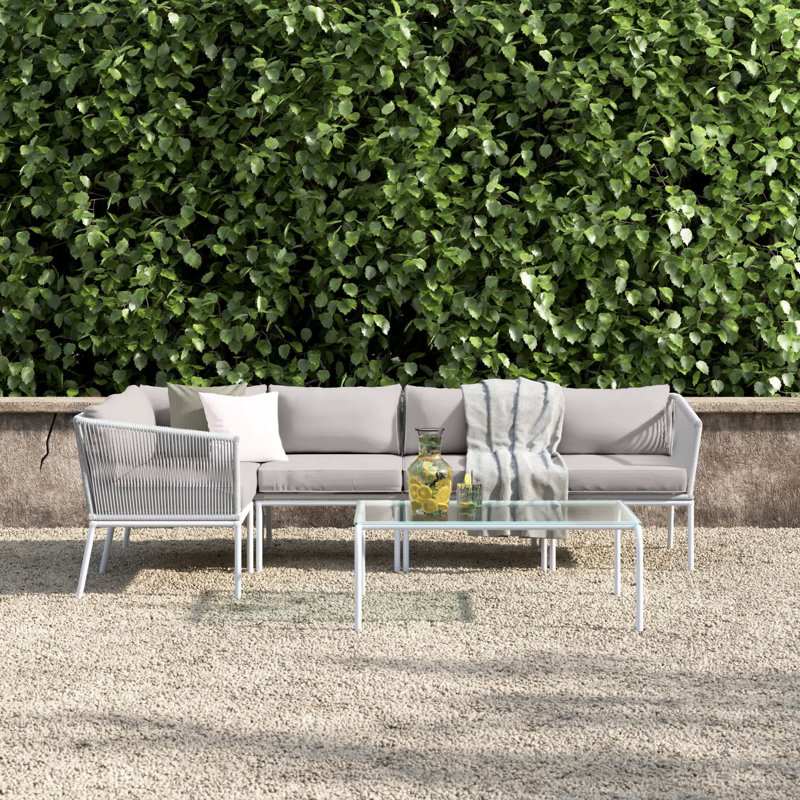Ensemble de conversation modulaire en rotin 6 pièces avec coussins, Gris, Gris
