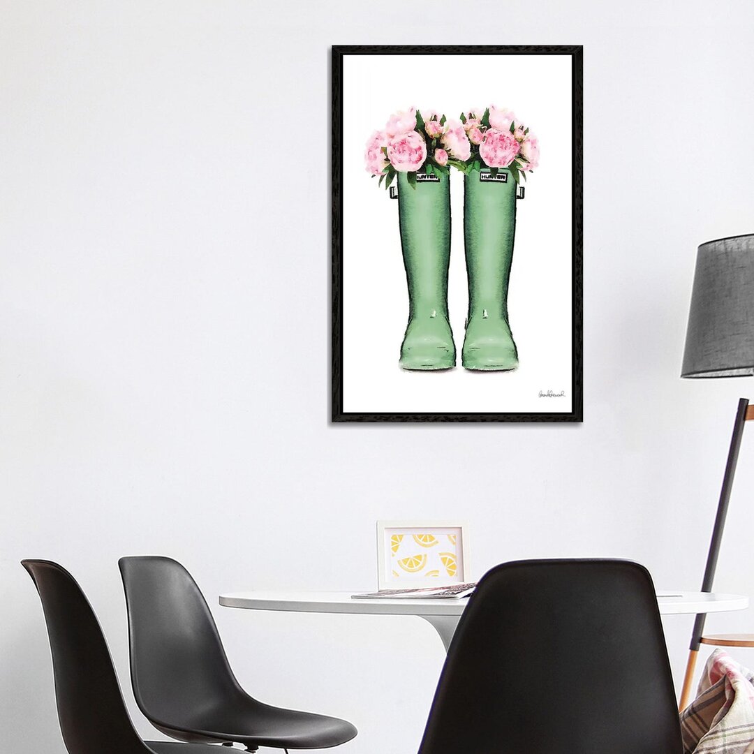 Leinwandbild Hunter Boots in Green & Pink Peonies von Amanda Greenwood