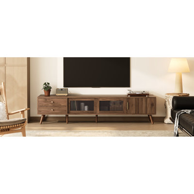 Meuble télé moderne moderne avec portes en verre de 76 po pour téléviseur compatible de 85 pouces, console média grain de bois dans la chambre à coucher, charnières à fermeture en douceur et armoires de rangement debout, centre de divertissement lisse