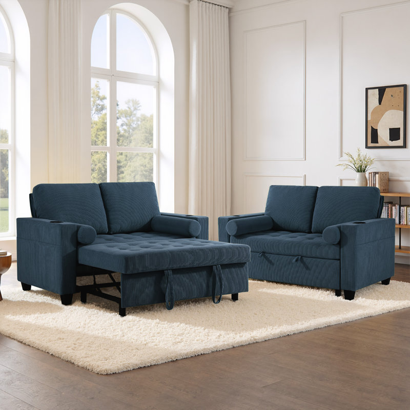 Upholstered Tufted Convertible Pull-Out Sleeper Sofa Bed - Adjustable Backrest With 2 Soft Pillows, Navy