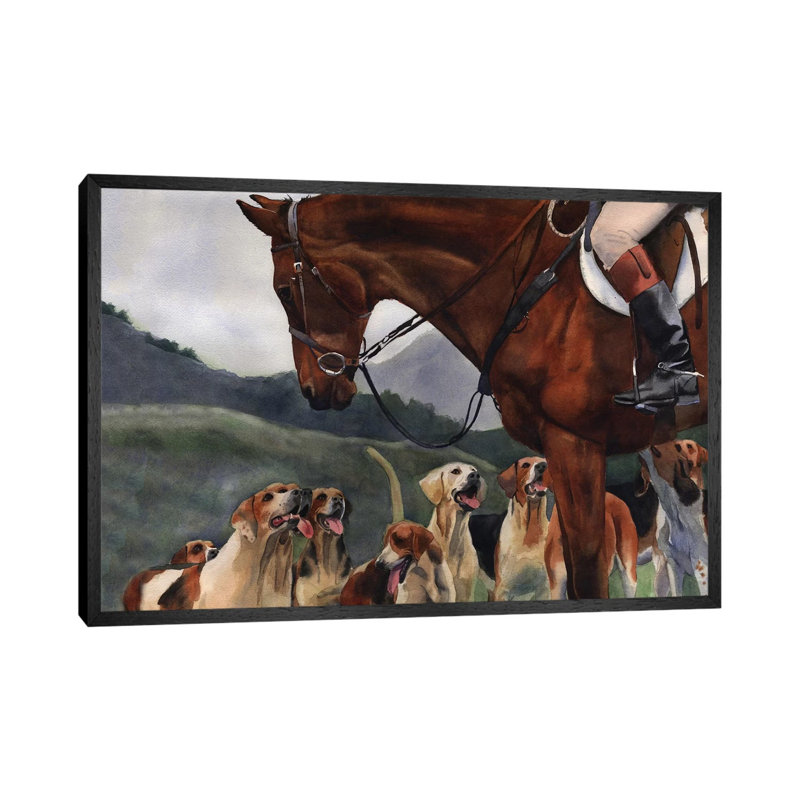 Hunt Horse Hounds by Rachel Parker - Painting on Canvas, Black Framed, 66.04cm H x 101.6cm W x 3.81cm D