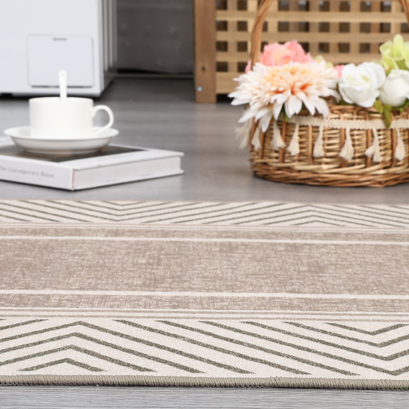 Washable Area Rug for Living Room Bedroom Office - Modern Minimalist Geometric Bordered, Non-Slip, Low Pile, mark Resistant, Thin Carpet - Light Brown, 8ft x 10ft (244cm x 305cm), USA Stock