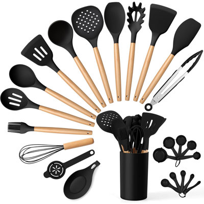 Ensemble 25 pièces d'ustensiles de cuisine en silicone avec poignée en bois, résistant à la chaleur jusqu'à 446 ° F, non toxique et sécuritaire pour les ustensiles de cuisine antiadhésifs, avec support pour un rangement facile