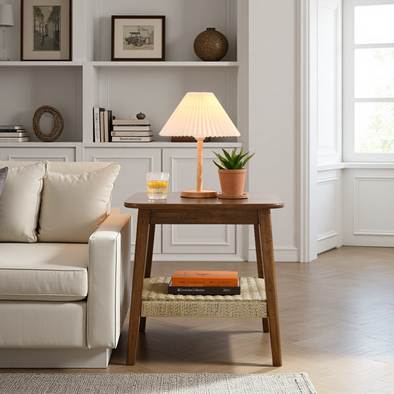 Table d'appoint de style Mid-Century 23 "avec tablette tissée, table d'appoint avec rangement Boho, tables de chevet, petite table d'appoint