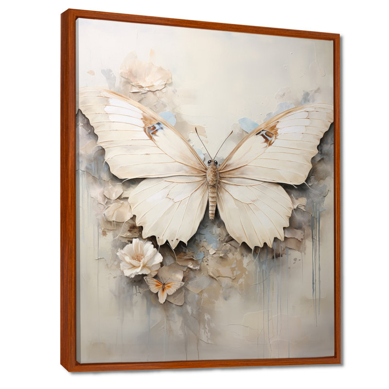 Minimalisme, papillon beige - art mural papillon, H 40 po x l 30 po x P 1,5 po, Cadre flottant brun