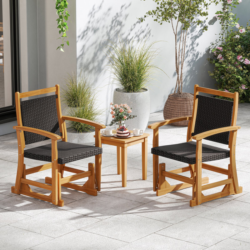 2 pièces Fauteuil oscillant en rotin de patio avec cadre en bois d'acacia et accoudoirs en osier