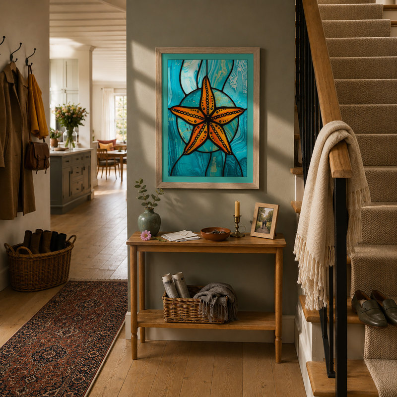 Starfish in Motion Coastal - Framed Print, A2 - 59.4 x 42.0 cm, Oak