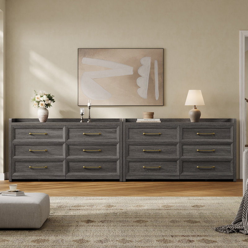 56.4"W Modern 6-Drawer Dresser, Dark Gray Oak