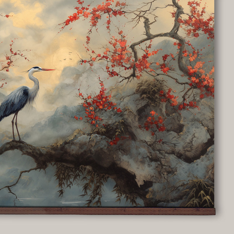 Blue Heron Extra Large Wall Art Tapestry – Japanese Landscape Canvas with Wooden Hanger, 32" H x 48" W