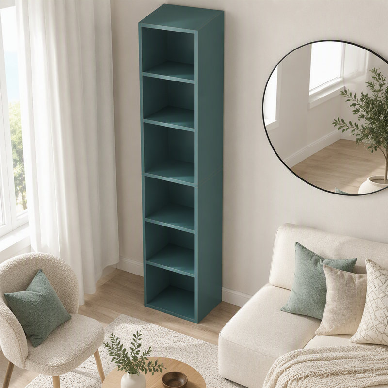 Bibliothèque de coin 70,9 ", tablettes étroites modernes à 6 niveaux, Bleu