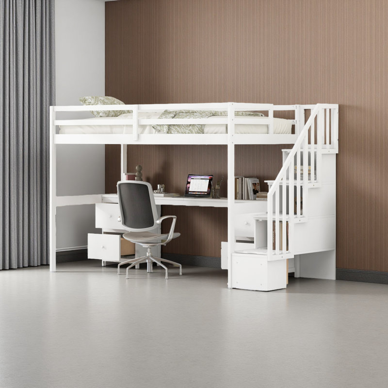 Structure de lit simple de taille mezzanine avec bureau intégré et tiroirs de rangement doubles, Blanc