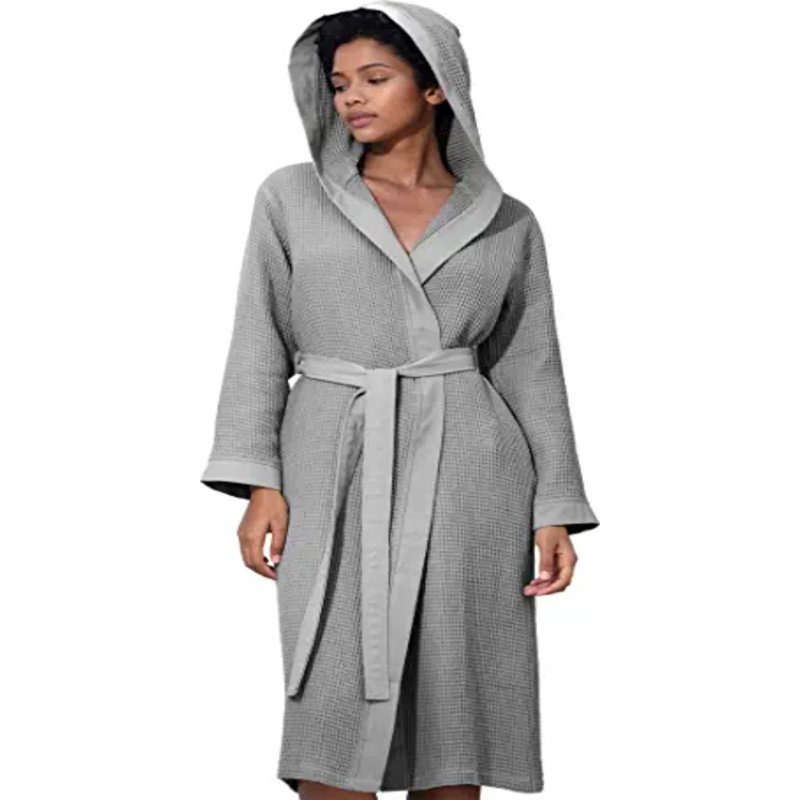 Peignoir mi-mollet en coton avec poches et capuche, L, Gris
