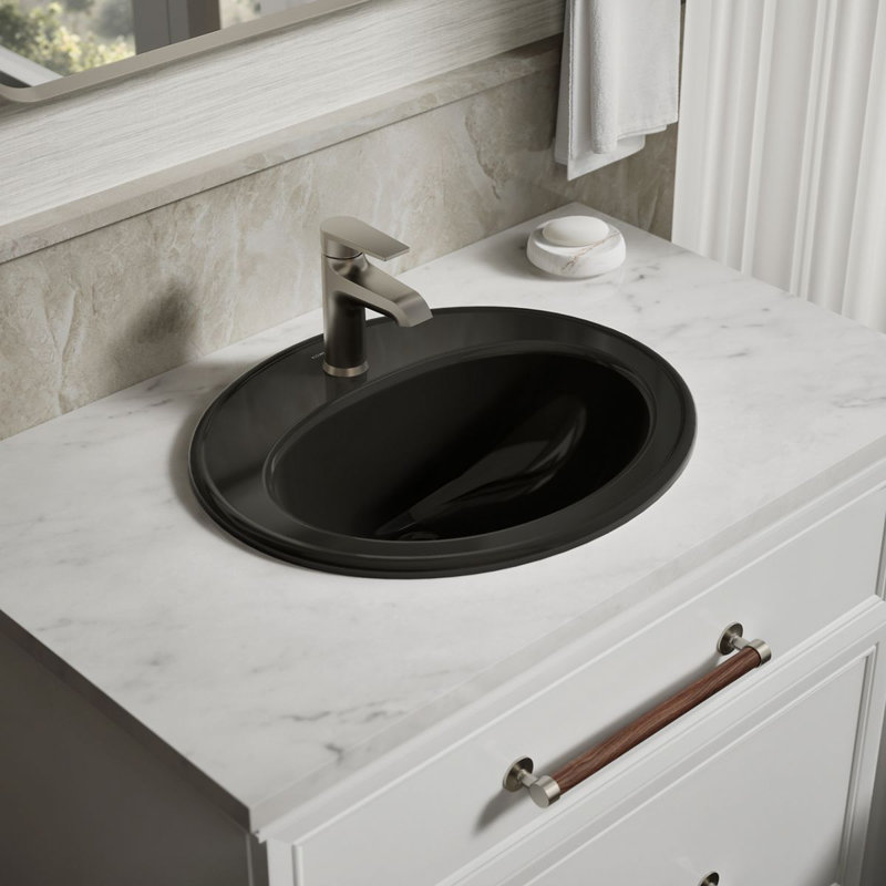 Pennington Ceramic Oval Drop-In Bathroom Sink with Overflow, Black , Single