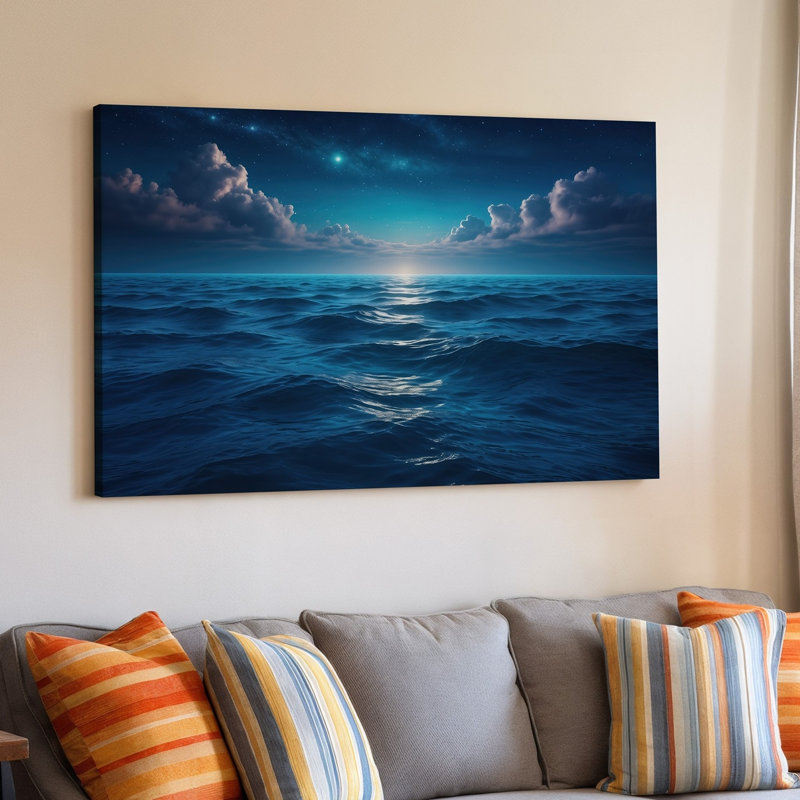 Toile, paysage serein de nuit avec un vaste océan ondulé sous un art mural, H 30 po x l 30 po