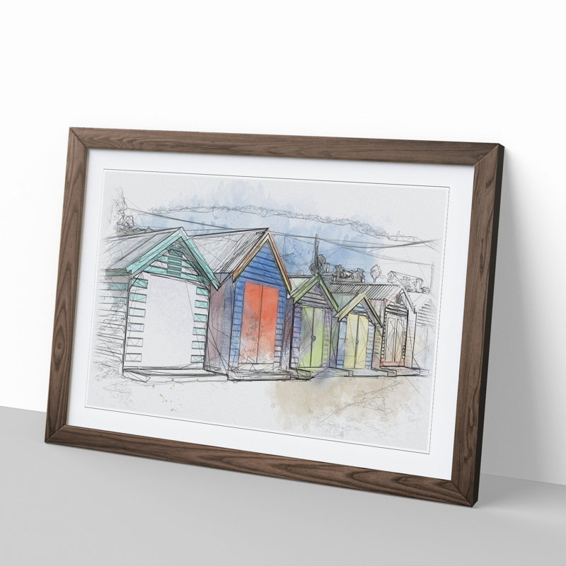 Colourful Beach Huts - Picture Frame Painting, Walnut, 65cm H x 90cm W x 2cm D