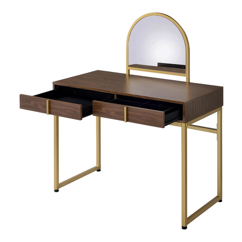 2 Drawers Vanity Desk With Mirror And Jewelry Tray, Walnut And Gold