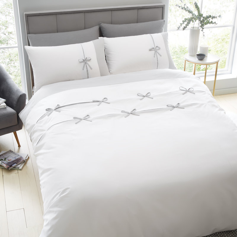 Milo Bow Duvet Cover Set with Pillowcases, White, King Duvet Cover + 2 Standard Pillowcases