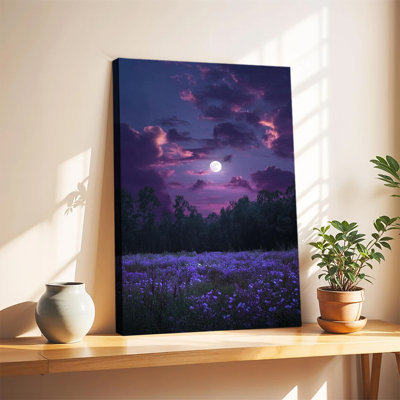 Magical Moonlit Purple Wildflower Meadow Night Landscape Art, Large Gallery Wrapped Canvas Wall Art Print For Living Room Bedroom