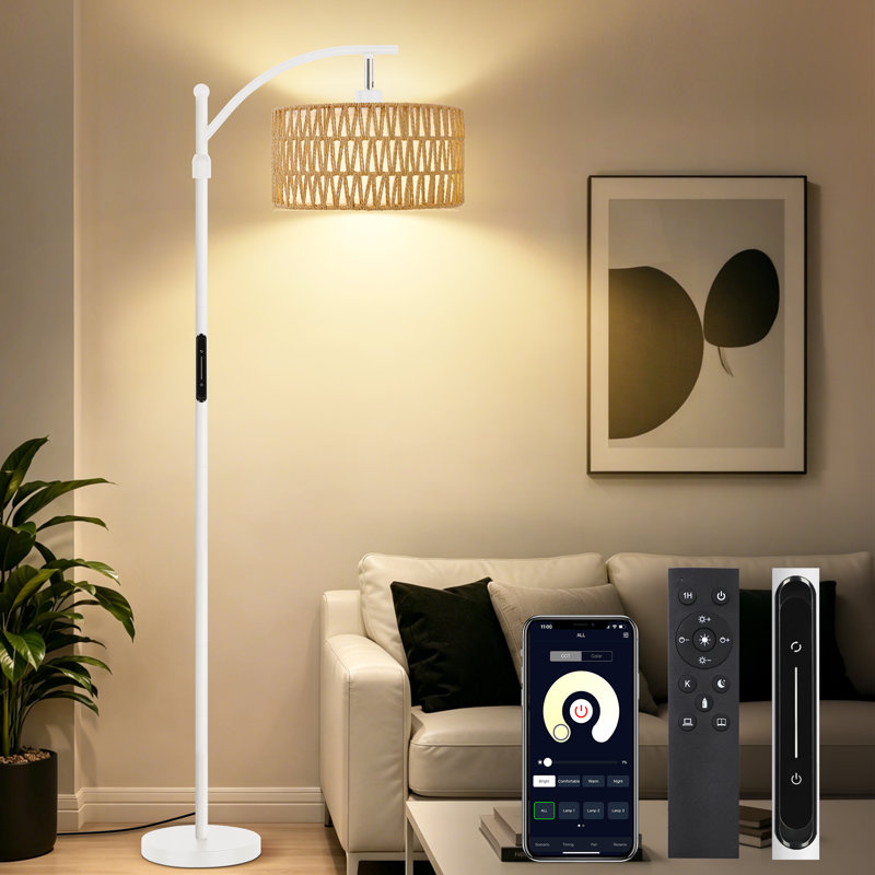 73" Arched/Arc Rattan Floor Lamp With Touch Slider Switch And Remote Control, White