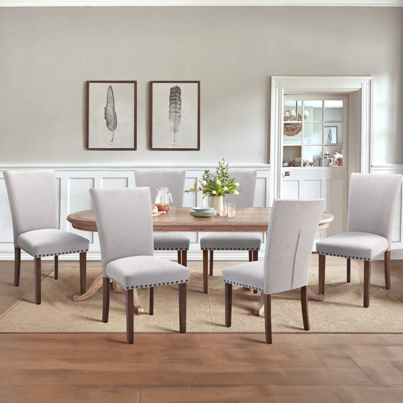 Nailhead Trim Fabric Upholstered Side Chair Wood Dining Chair (Set of 6), Pale