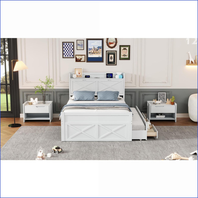 Lit de rangement en bois avec prises de courant, lit gigogne simple et tiroirs - Blanc pour chambres à coucher modernes