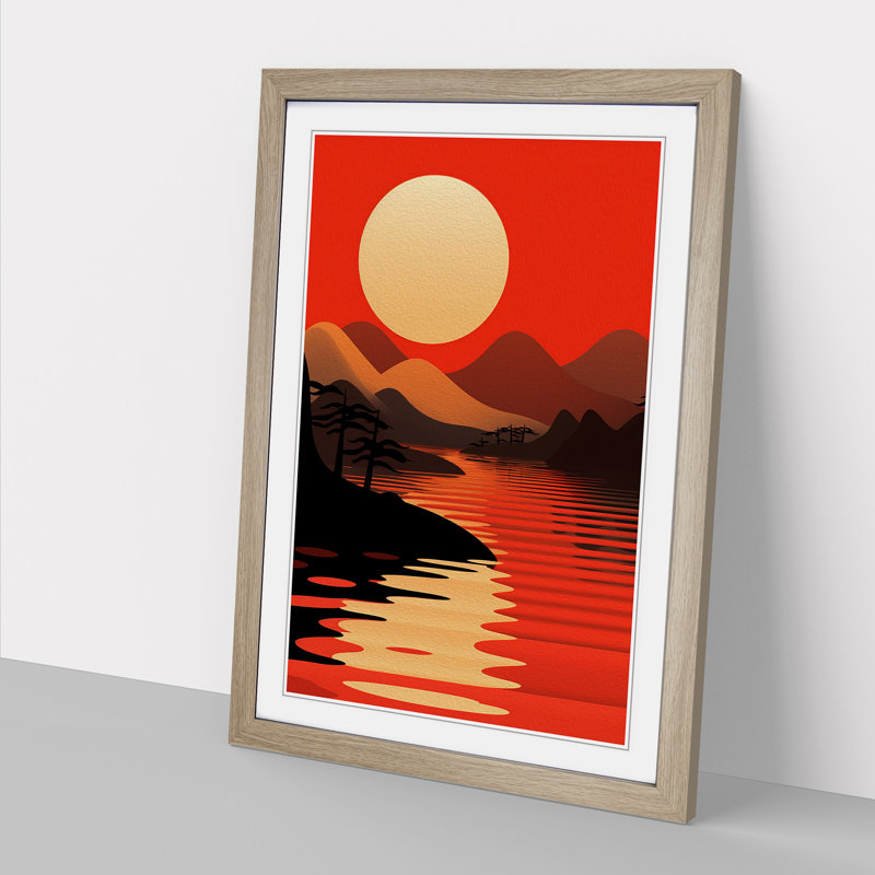 Japanese Sunset Constructivism No.2 - Single Picture Frame Print on Wood, Oak, 34cm H x 25cm W x 2cm D
