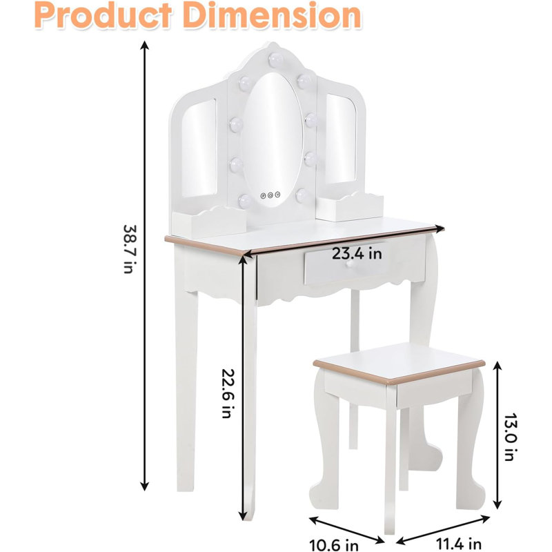 Coiffeuse pour enfants avec miroir lumineux - Petite coiffeuse et tabouret - Maquillage pour enfants avec miroir pliable en trois - Tiroir et grille de rangement pour 3 à 9 ans - Blanc