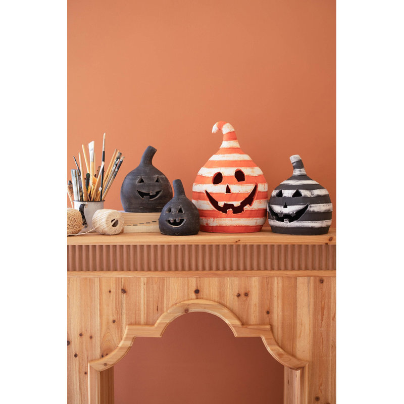  Halloween Decorative Lanterns Handmade Black Clay Jack Lanterns 8" H Set of 2