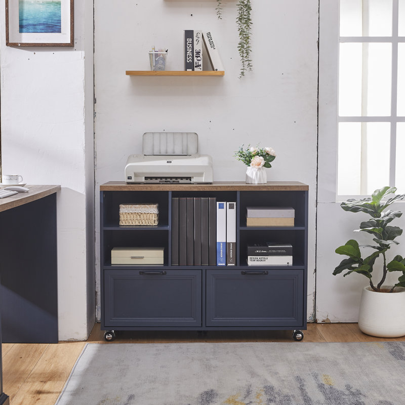 Vintage File Cabinet with Sturdy Metal Construction, Detachable Shelves, Movable Wheels, and Handle – Ideal Home Office Storage, Blue