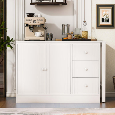 Buffet 89,7 po en bois avec table extensible, armoire de rangement multifonctionnelle avec 2 portes et 3 tiroirs, pour salon, bureau, vestibule et cuisine