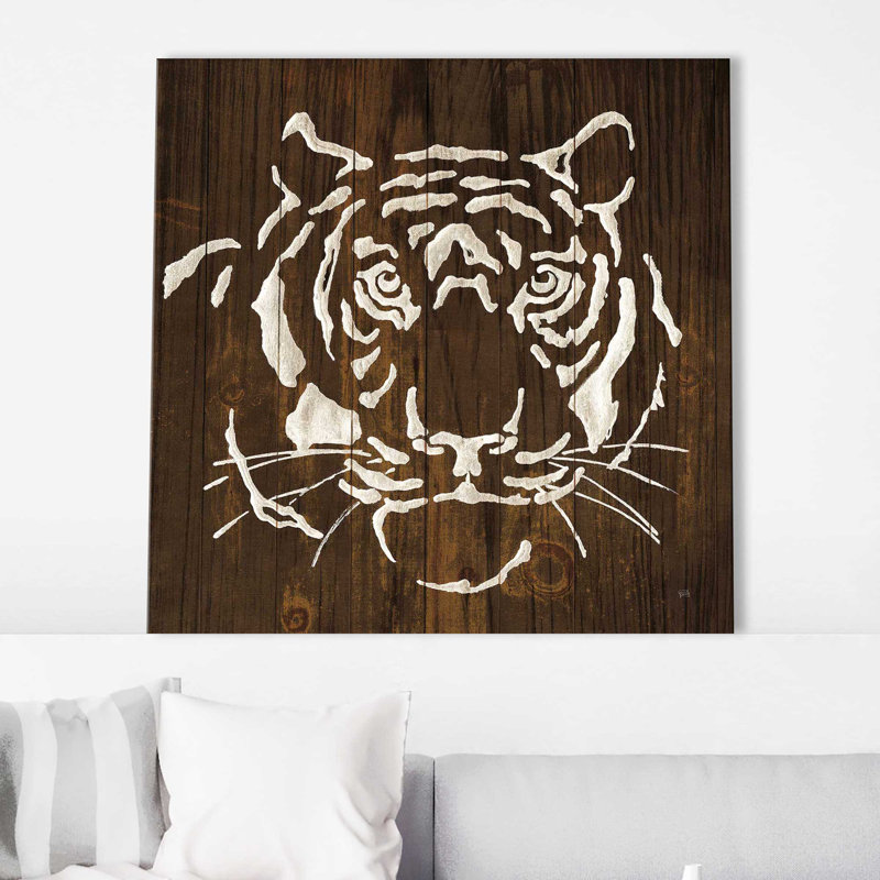 Tigre blanc sur bois foncé - impression, Toile tendue, H 28 po x l 28 po x P 1,5 po