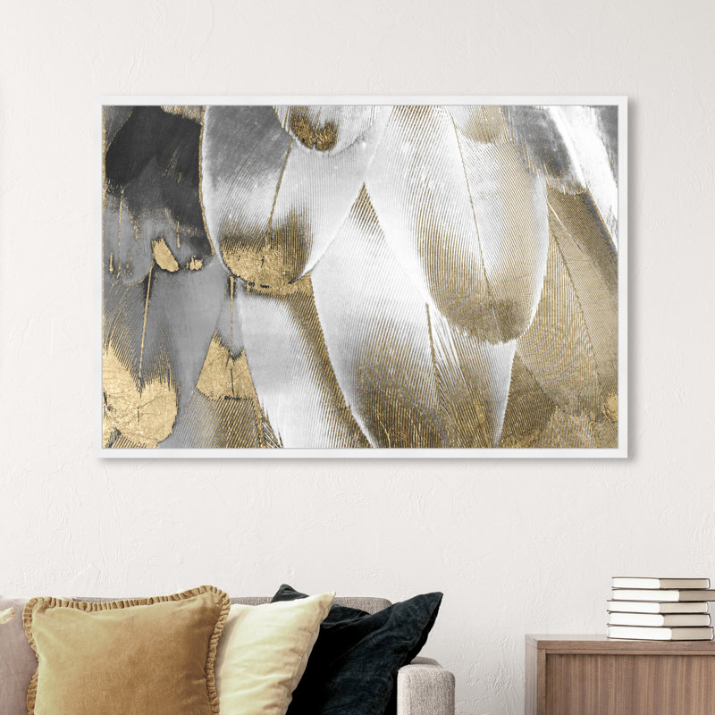 Impression d’art graphique « Fashion and Glam Royal Gold Feathers », H 11,5 po x l 16,5 po, Cadre blanc