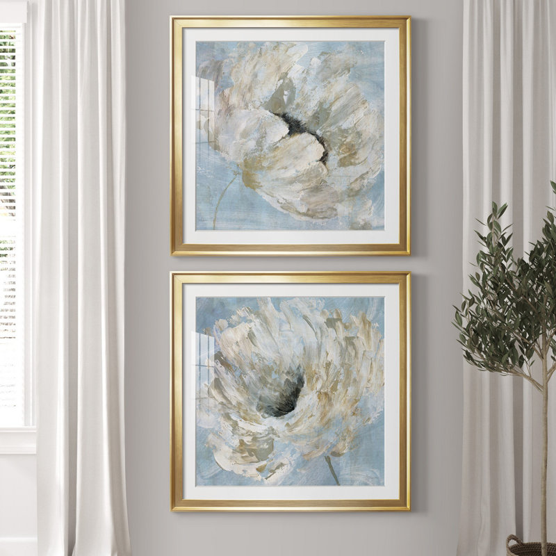 «Blue Blanc I», ensemble de 2 reproductions d'art sur toile tendue, H 34,5 po x l 69 po x P 1,5 po, Papier avec cadre doré