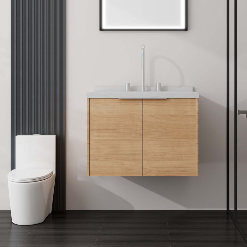 Meuble-lavabo flottant élégant avec comptoir en marbre de culture et portes à fermeture douce, Chêne